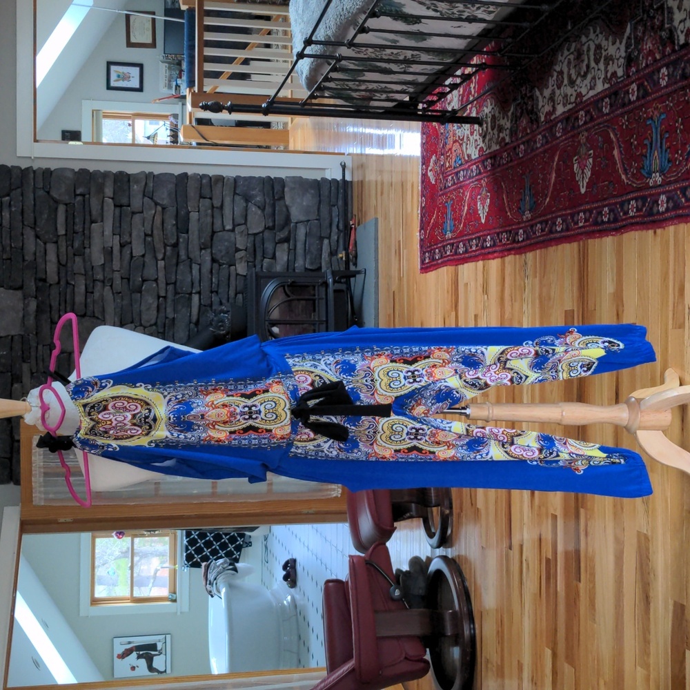 Eva Varro jumpsuit, Rich bright blue color with yellow-orange and black accents